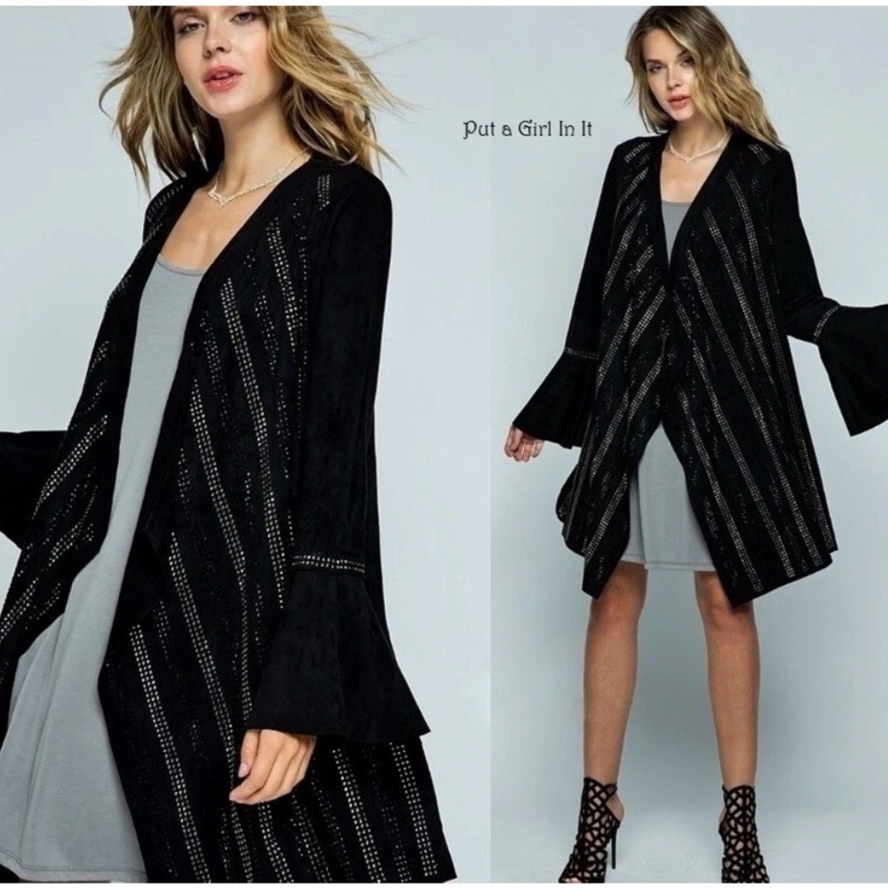 VOCAL   BLACK CRYSTAL embellished FAUX SUEDE CARDIGAN  jacket